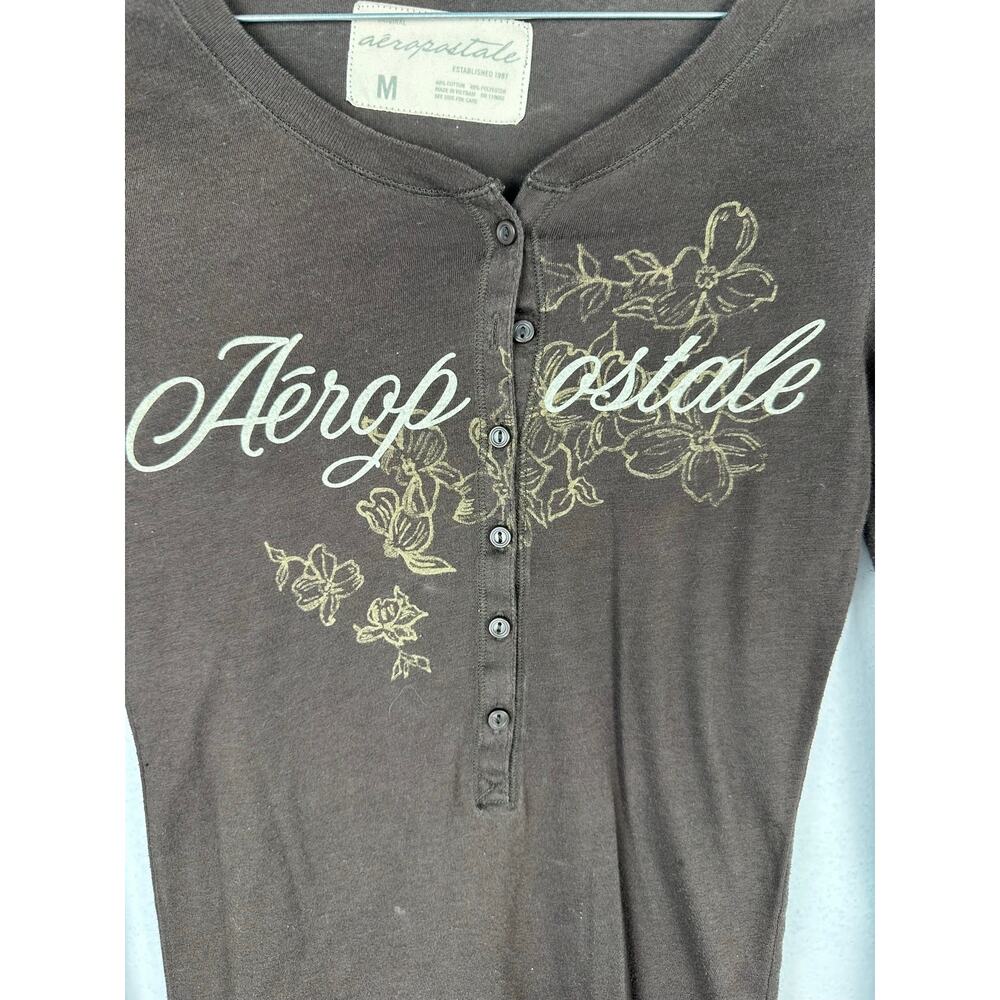 Aéropostale Women's Floral Script Long Sleeve Brown Henley Shirt vtg Y2K Medium - Picture 3 of 7